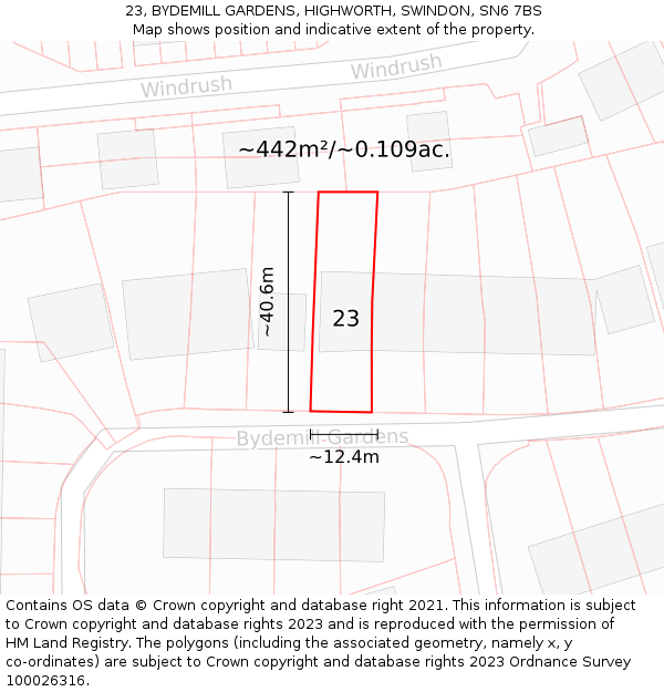 23, BYDEMILL GARDENS, HIGHWORTH, SWINDON, SN6 7BS: Plot and title map