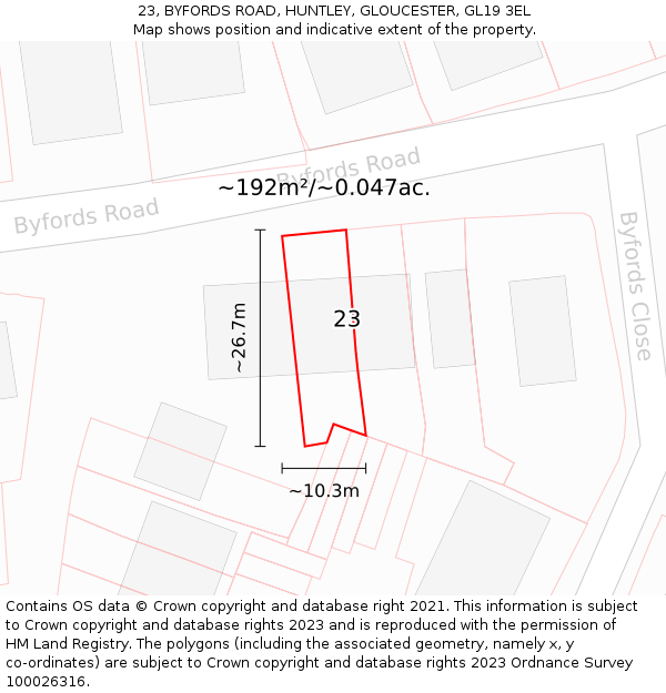 23, BYFORDS ROAD, HUNTLEY, GLOUCESTER, GL19 3EL: Plot and title map