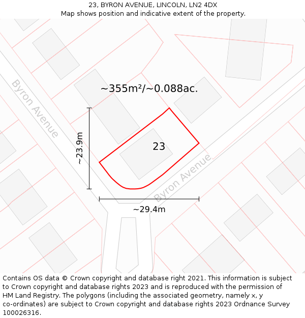 23, BYRON AVENUE, LINCOLN, LN2 4DX: Plot and title map