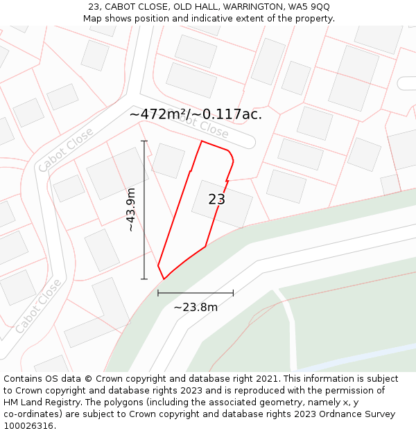 23, CABOT CLOSE, OLD HALL, WARRINGTON, WA5 9QQ: Plot and title map