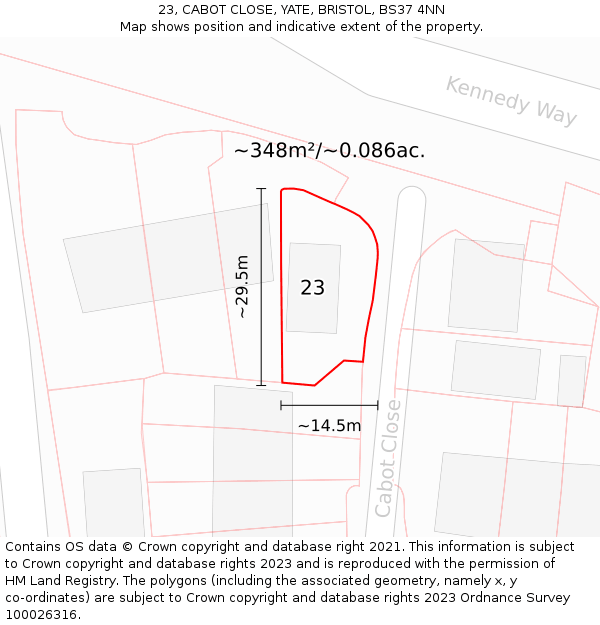 23, CABOT CLOSE, YATE, BRISTOL, BS37 4NN: Plot and title map