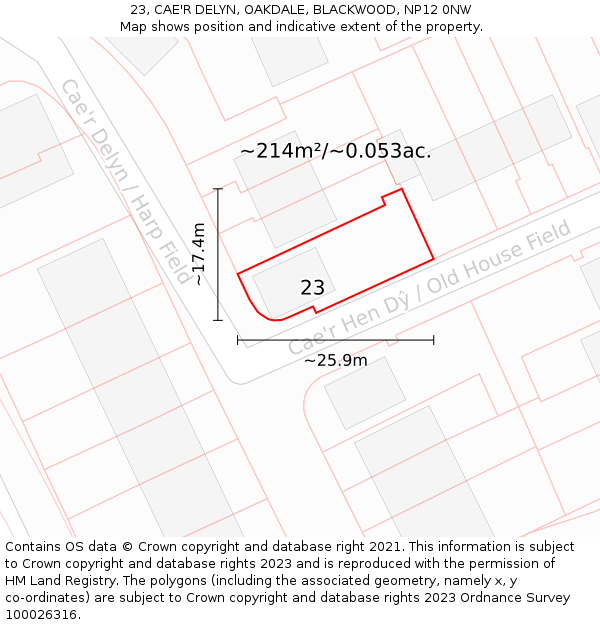 23, CAE'R DELYN, OAKDALE, BLACKWOOD, NP12 0NW: Plot and title map