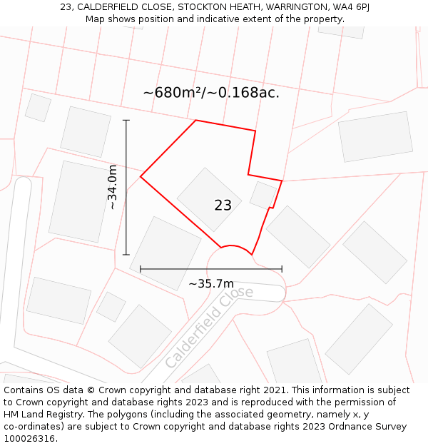 23, CALDERFIELD CLOSE, STOCKTON HEATH, WARRINGTON, WA4 6PJ: Plot and title map