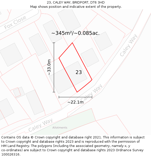 23, CALEY WAY, BRIDPORT, DT6 3HD: Plot and title map