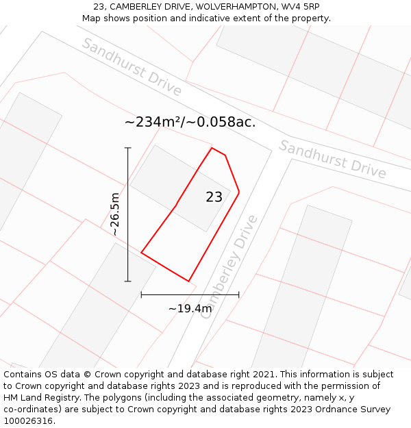 23, CAMBERLEY DRIVE, WOLVERHAMPTON, WV4 5RP: Plot and title map