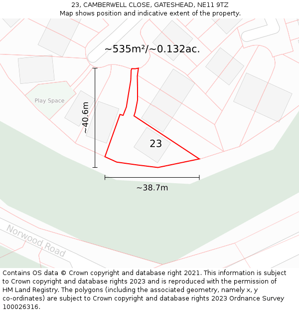 23, CAMBERWELL CLOSE, GATESHEAD, NE11 9TZ: Plot and title map