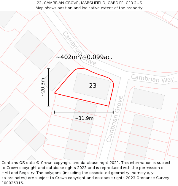 23, CAMBRIAN GROVE, MARSHFIELD, CARDIFF, CF3 2US: Plot and title map