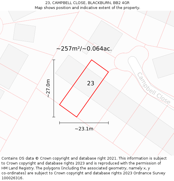 23, CAMPBELL CLOSE, BLACKBURN, BB2 4GR: Plot and title map