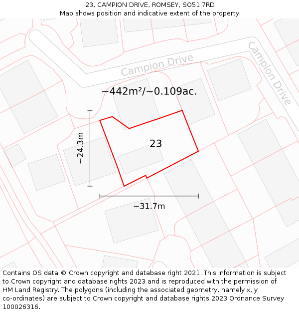 23, CAMPION DRIVE, ROMSEY, SO51 7RD: Plot and title map