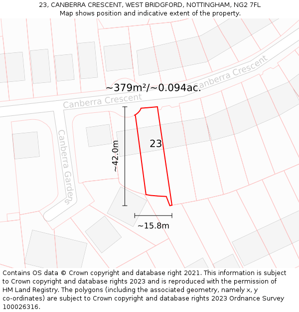 23, CANBERRA CRESCENT, WEST BRIDGFORD, NOTTINGHAM, NG2 7FL: Plot and title map