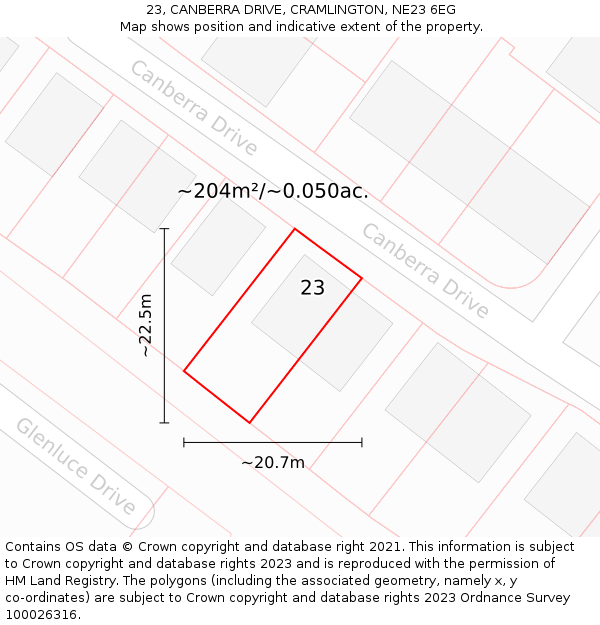 23, CANBERRA DRIVE, CRAMLINGTON, NE23 6EG: Plot and title map