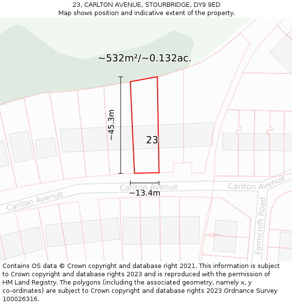 23, CARLTON AVENUE, STOURBRIDGE, DY9 9ED: Plot and title map