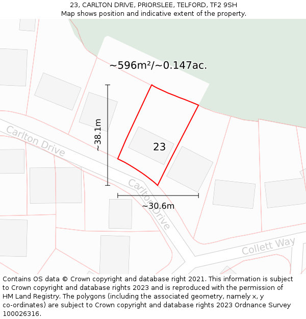 23, CARLTON DRIVE, PRIORSLEE, TELFORD, TF2 9SH: Plot and title map