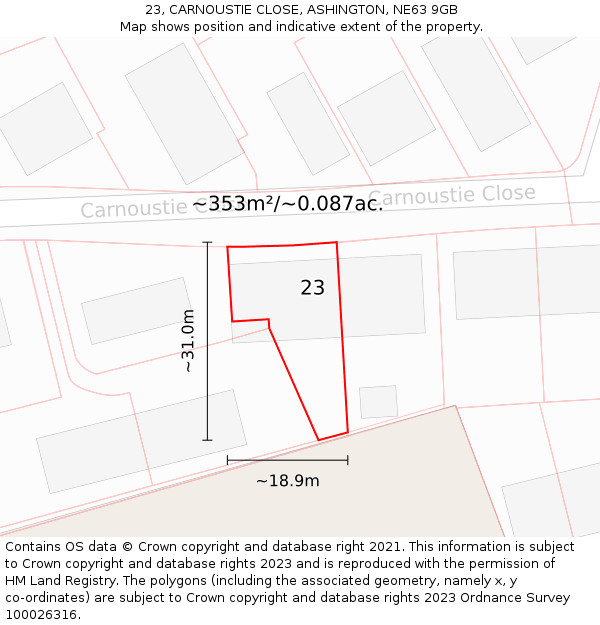 23, CARNOUSTIE CLOSE, ASHINGTON, NE63 9GB: Plot and title map