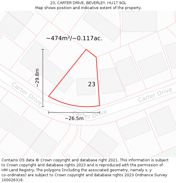 23, CARTER DRIVE, BEVERLEY, HU17 9GL: Plot and title map