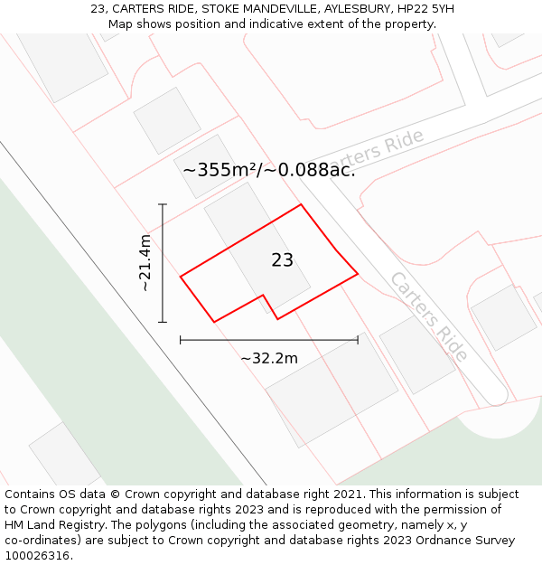 23, CARTERS RIDE, STOKE MANDEVILLE, AYLESBURY, HP22 5YH: Plot and title map