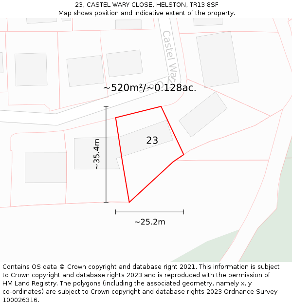 23, CASTEL WARY CLOSE, HELSTON, TR13 8SF: Plot and title map
