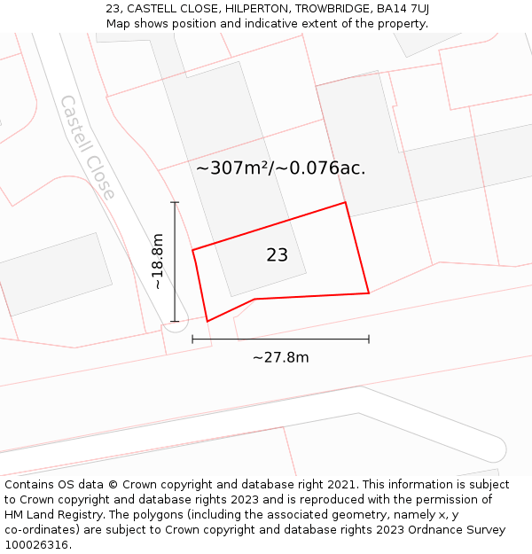 23, CASTELL CLOSE, HILPERTON, TROWBRIDGE, BA14 7UJ: Plot and title map