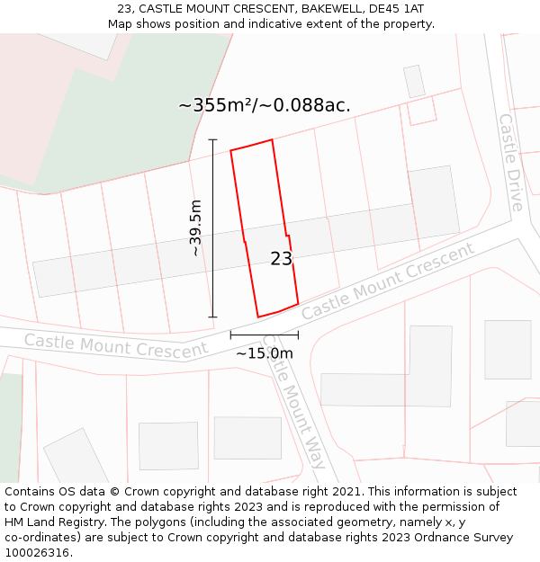 23, CASTLE MOUNT CRESCENT, BAKEWELL, DE45 1AT: Plot and title map