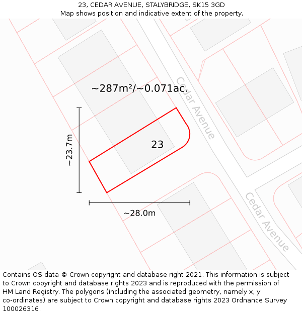 23, CEDAR AVENUE, STALYBRIDGE, SK15 3GD: Plot and title map