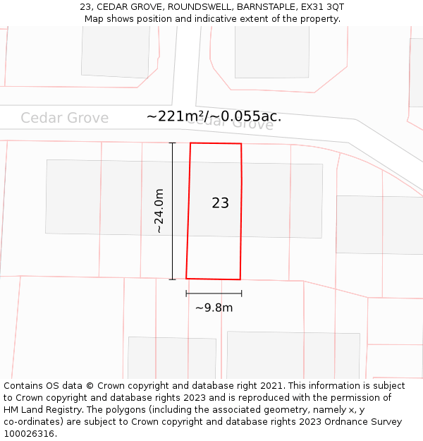 23, CEDAR GROVE, ROUNDSWELL, BARNSTAPLE, EX31 3QT: Plot and title map