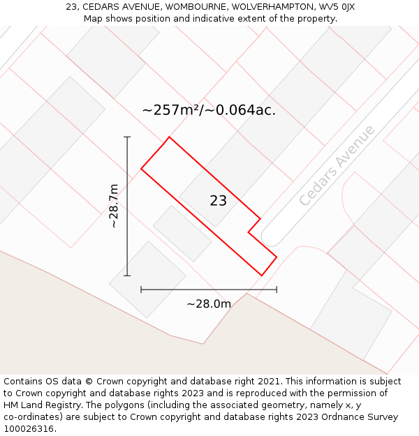 23, CEDARS AVENUE, WOMBOURNE, WOLVERHAMPTON, WV5 0JX: Plot and title map