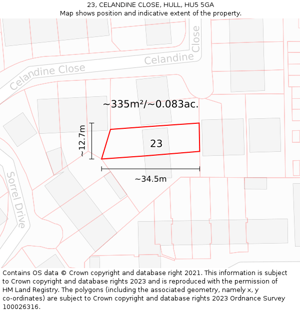 23, CELANDINE CLOSE, HULL, HU5 5GA: Plot and title map