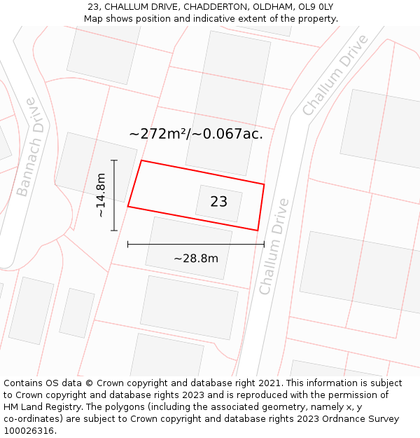 23, CHALLUM DRIVE, CHADDERTON, OLDHAM, OL9 0LY: Plot and title map