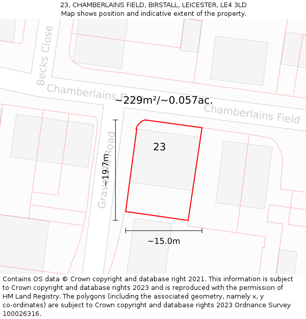 23, CHAMBERLAINS FIELD, BIRSTALL, LEICESTER, LE4 3LD: Plot and title map