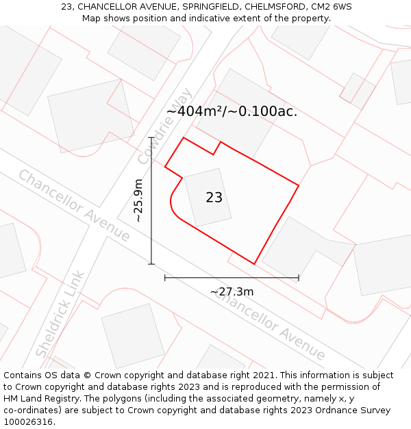 23, CHANCELLOR AVENUE, SPRINGFIELD, CHELMSFORD, CM2 6WS: Plot and title map