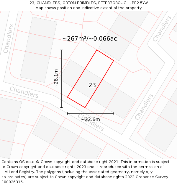 23, CHANDLERS, ORTON BRIMBLES, PETERBOROUGH, PE2 5YW: Plot and title map