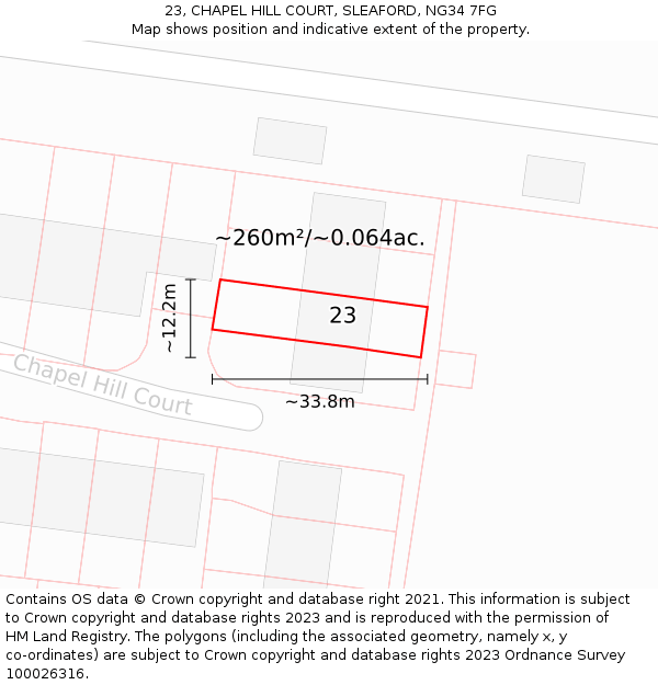 23, CHAPEL HILL COURT, SLEAFORD, NG34 7FG: Plot and title map