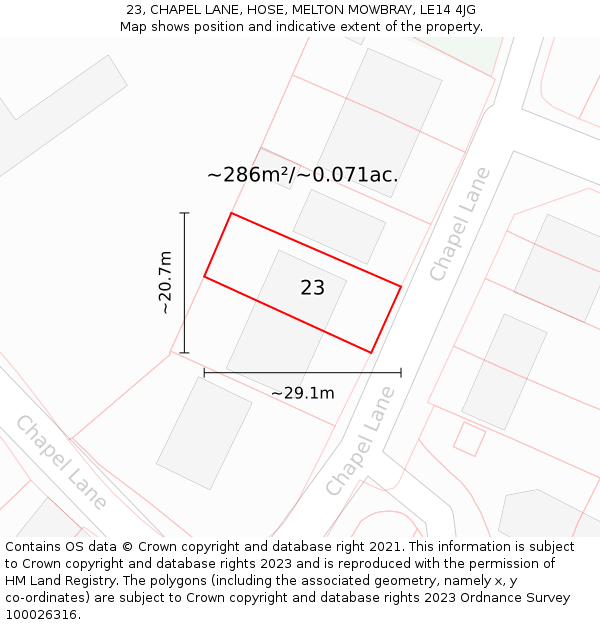 23, CHAPEL LANE, HOSE, MELTON MOWBRAY, LE14 4JG: Plot and title map