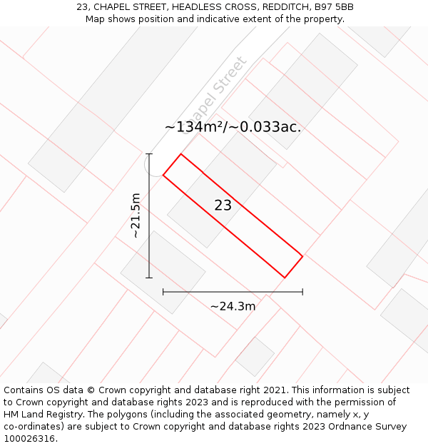 23, CHAPEL STREET, HEADLESS CROSS, REDDITCH, B97 5BB: Plot and title map