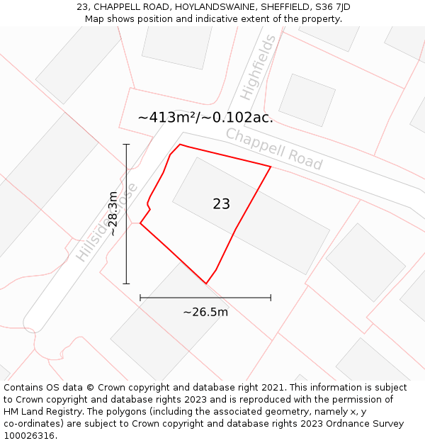 23, CHAPPELL ROAD, HOYLANDSWAINE, SHEFFIELD, S36 7JD: Plot and title map