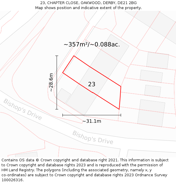 23, CHAPTER CLOSE, OAKWOOD, DERBY, DE21 2BG: Plot and title map