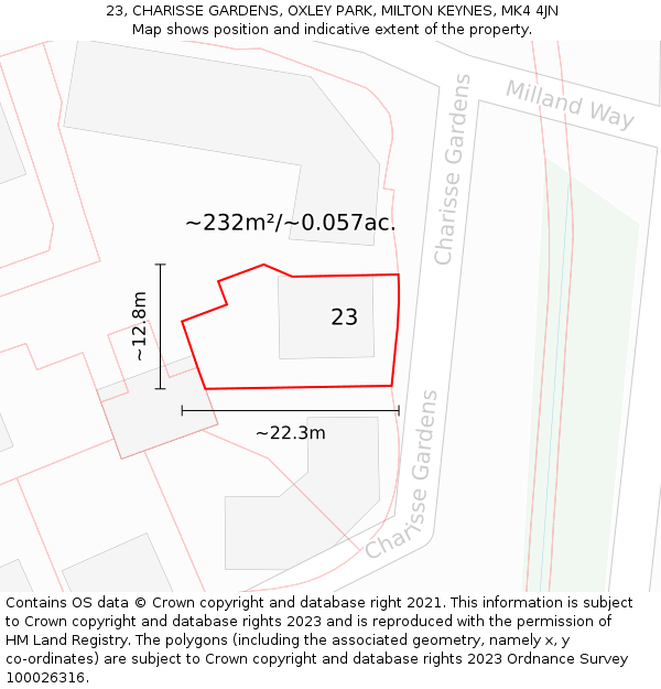 23, CHARISSE GARDENS, OXLEY PARK, MILTON KEYNES, MK4 4JN: Plot and title map