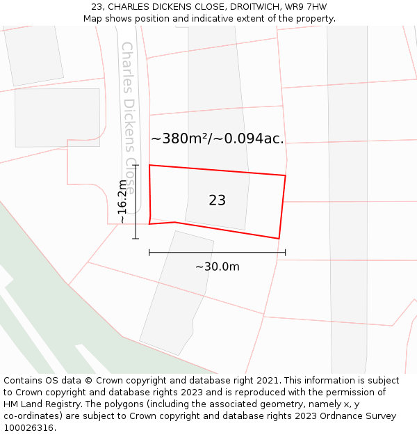 23, CHARLES DICKENS CLOSE, DROITWICH, WR9 7HW: Plot and title map