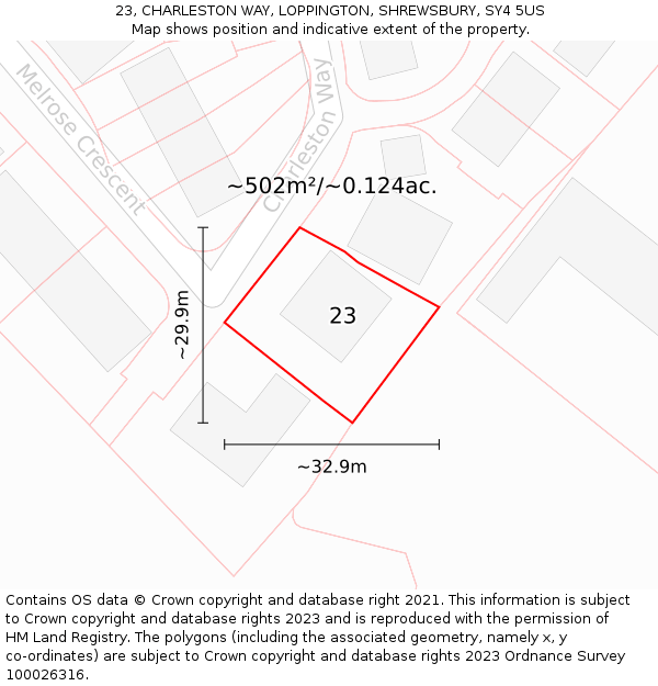 23, CHARLESTON WAY, LOPPINGTON, SHREWSBURY, SY4 5US: Plot and title map