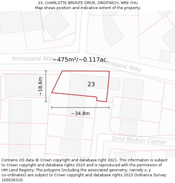 23, CHARLOTTE BRONTE DRIVE, DROITWICH, WR9 7HU: Plot and title map