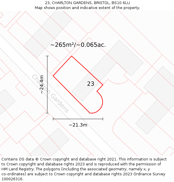 23, CHARLTON GARDENS, BRISTOL, BS10 6LU: Plot and title map