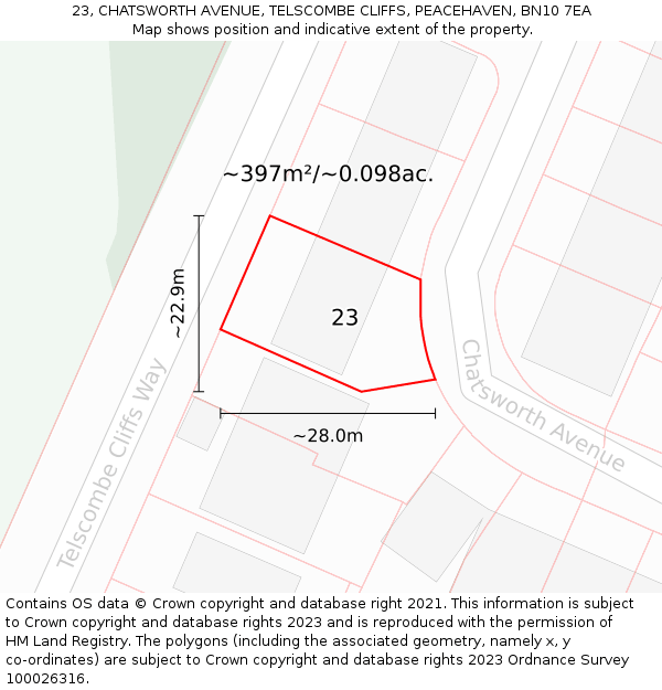 23, CHATSWORTH AVENUE, TELSCOMBE CLIFFS, PEACEHAVEN, BN10 7EA: Plot and title map