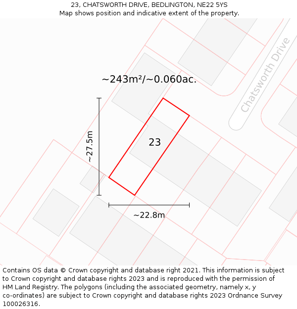 23, CHATSWORTH DRIVE, BEDLINGTON, NE22 5YS: Plot and title map