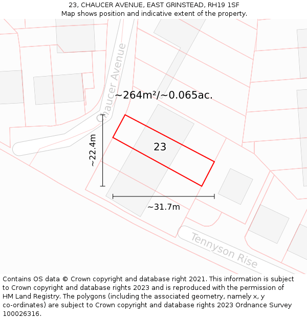 23, CHAUCER AVENUE, EAST GRINSTEAD, RH19 1SF: Plot and title map