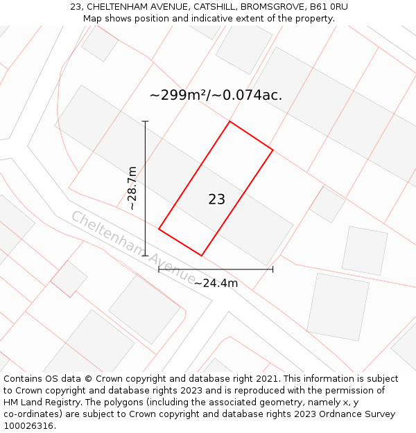 23, CHELTENHAM AVENUE, CATSHILL, BROMSGROVE, B61 0RU: Plot and title map