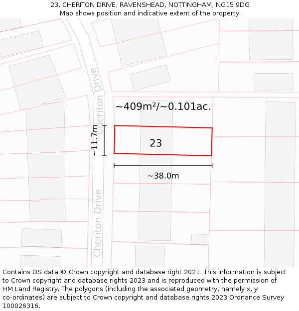 23, CHERITON DRIVE, RAVENSHEAD, NOTTINGHAM, NG15 9DG: Plot and title map