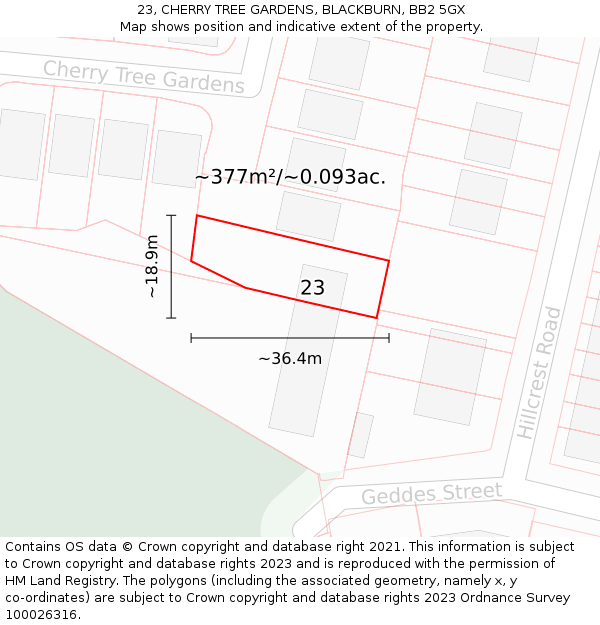 23, CHERRY TREE GARDENS, BLACKBURN, BB2 5GX: Plot and title map