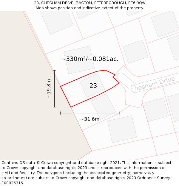 23, CHESHAM DRIVE, BASTON, PETERBOROUGH, PE6 9QW: Plot and title map