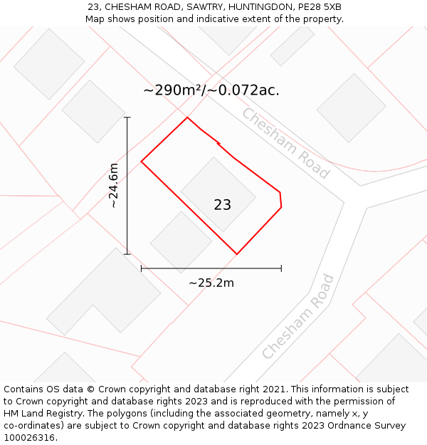 23, CHESHAM ROAD, SAWTRY, HUNTINGDON, PE28 5XB: Plot and title map