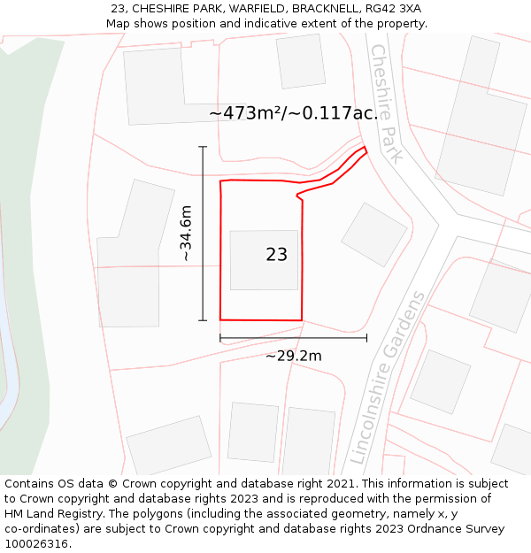 23, CHESHIRE PARK, WARFIELD, BRACKNELL, RG42 3XA: Plot and title map